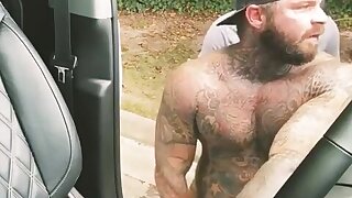 Tatted bear pig cruising in car getting fucked by small Asian