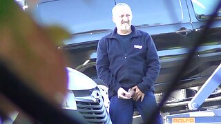 Truck driver exposes his huge dick