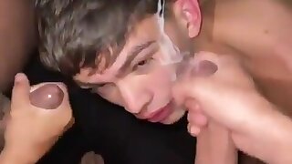 2 guys cum on cute twinks face sticky