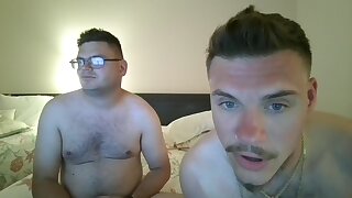 Chubby guy helps shows off white guy's hairy tight pink ass hole spread wide open