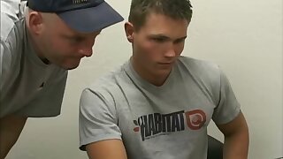 Sexy muscled guy with a nice, average, circumcised boner, gets a handy from his friend